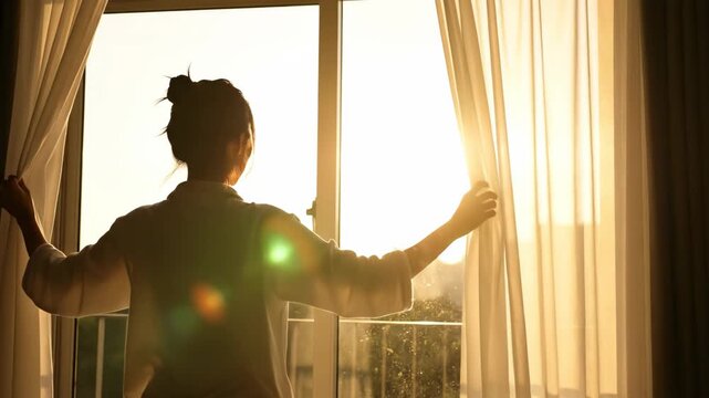 silhouette of woman opening  curtains in bedroom to welcome sunrise. morning sun light shining through window. waking up, starting new day with optimism. hotel or home lifestyle.