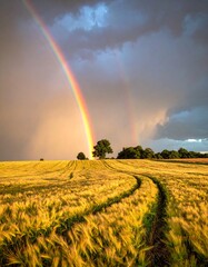 Obraz premium Regenbogen über Feldern nach Gewitter