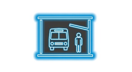 Obraz premium A simple blue icon of a person and a bus on a stop