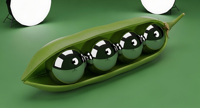 Metallic spheres inside a green pea pod under bright studio lights with reflective surfaces and a minimalist background