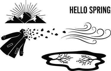 Obraz premium Minimalist black and white vector art showing mountain sunrise with sun rays and hello spring text with coat blowing leaves wind and seasonal puddle illustration