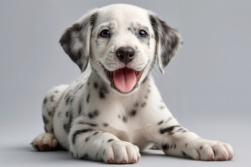 A dalmatian puppy laying down with its tongue out and tongue out