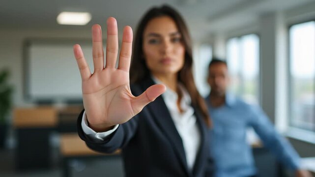 Stop, hand sign and woman in business suit with no gesture for sexual harassment and violence in office workplace 
