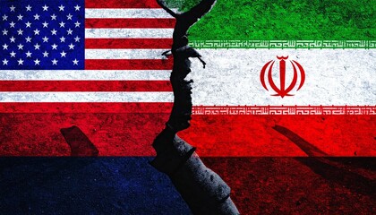 American and Iranian flags divided by jagged crack, symbolizing political tension, conflict, and strained relations between nations, dramatic geopolitical visual.