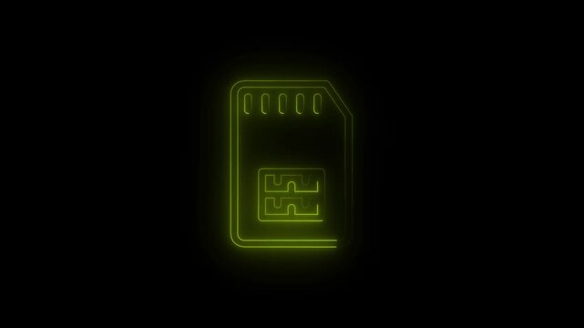 Glowing neon SIM card icon animation on black background in futuristic digital style. Mobile network, telecom communication and wireless data technology concept motion graphic. 4k video