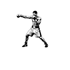 Fototapeta premium A high-contrast, black and white vector illustration of a muscular boxer in a dynamic fighting stance, throwing a long jab. Minimalist stencil style, clean bold lines, solid black shapes on a pure whi