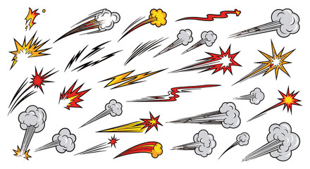 Collection of cartoon explosion and meteorite effects with various colors and styles. © Leomord