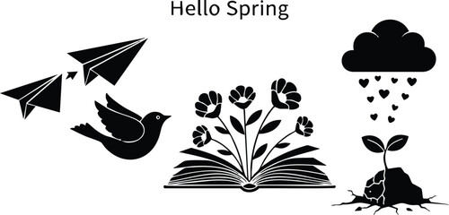Minimalist black silhouette vector art of paper planes flying bird open book with blooming flowers and sprout under heart shaped rain cloud representing spring seasonal growth and renewal