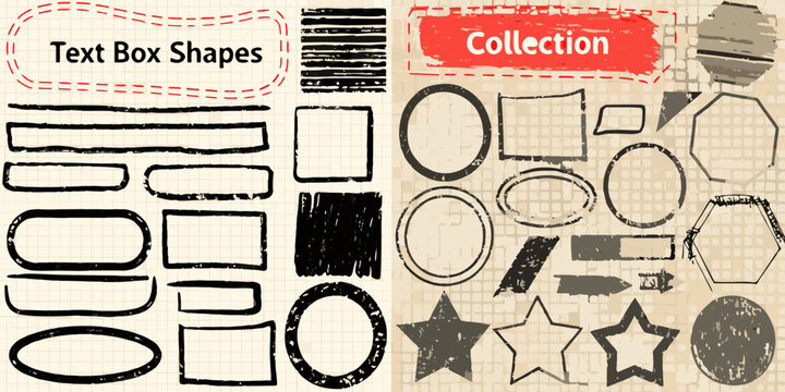 Collection of hand drawn textbox and geometric shapes on lined background