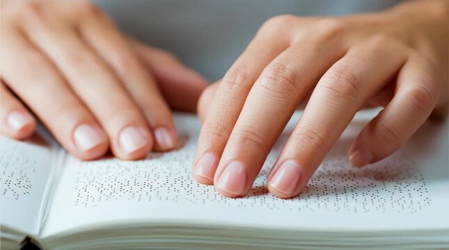 Woman reading braille book with her hands, close-up concept of vision impairment and education for blind people.