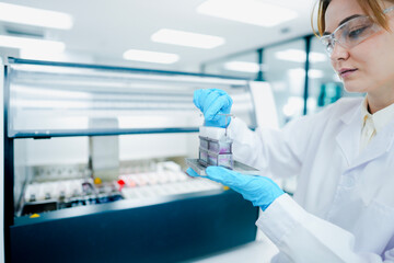 Fototapeta premium Clinical laboratory scientist monitoring automated hematology analyzer workflow metrics via digital LIMS tablet interface in smart diagnostic facility.