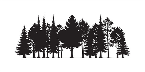 Fototapeta premium Pine tree silhouettes. Evergreen forest firs and spruces black shapes, wild nature trees templates. Vector illustration woodland trees set on white background