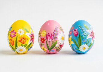 Fototapeta premium Three colorful easter eggs with floral designs isolated on white background
