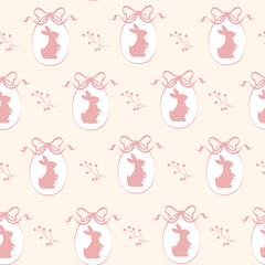 Obraz premium Easter seamless pattern with eggs and rabbits decorated with bows Festive illustration Spring 