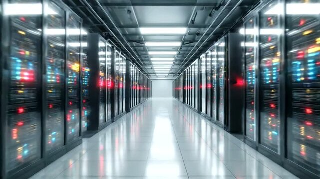 Modern data center with illuminated server racks