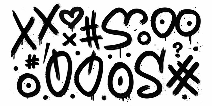 Black and white graffiti style lettering with hearts hashtags and symbols