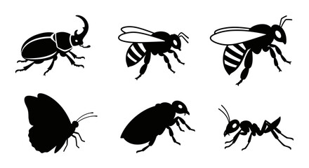Insect Silhouettes Collection: Beetle, Bee, Butterfly, and Ant Vector Icons Set