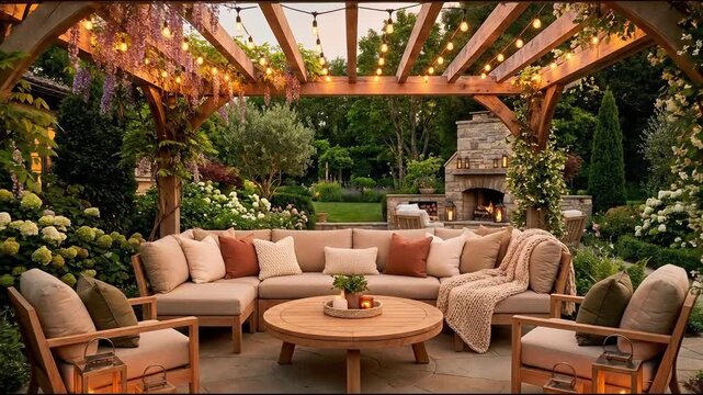 Elegant outdoor patio with wooden pergola, string lights, and comfortable sofa seating, suitable for home decor, garden design, luxury living, and backyard renovation inspiration.