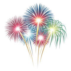 Dynamic illustration of multiple colorful fireworks exploding in brilliant hues, representing joy, celebration, and festive events like parties, holidays, and special anniversaries with a stunning vis