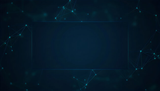 A futuristic abstract dark blue background features a glowing plexus-style network frame surrounding an empty central rectangle, providing ample copy space.