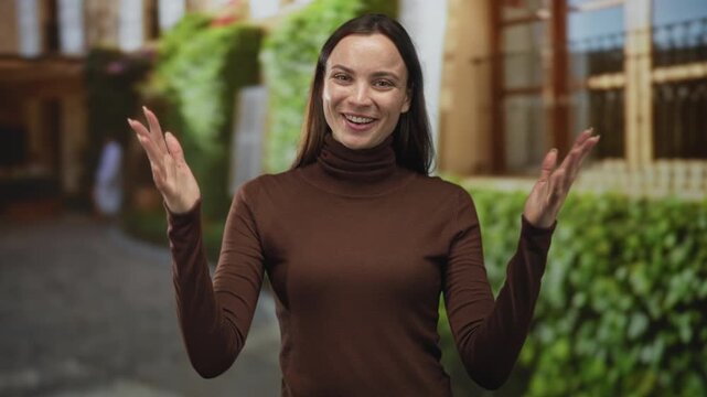 Woman smiling with hands raised on street by green hedge and building, wearing a brown turtleneck sweater in casual style; welcoming happiness warmth.