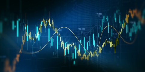 Stock market chart with candlestick bars and rising trend line. Digital finance background showing trading, investment growth, profit analysis and economic data.