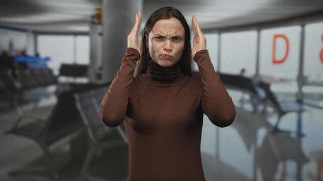 Young caucasian woman covers face with hands at airport terminal, smiling then hiding eyes while waiting at the departure gate; shy anticipation.