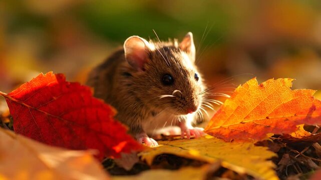 Little mouse among colorful fall foliage