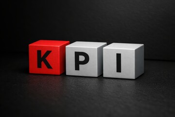 KPI Blocks: Cubes displaying KPI letters, standing for Key Performance Indicator, are strategically placed against a dark background, representing metrics and business growth.