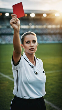 Female Soccer Referee Showing Red Card on Football Field at Stadium