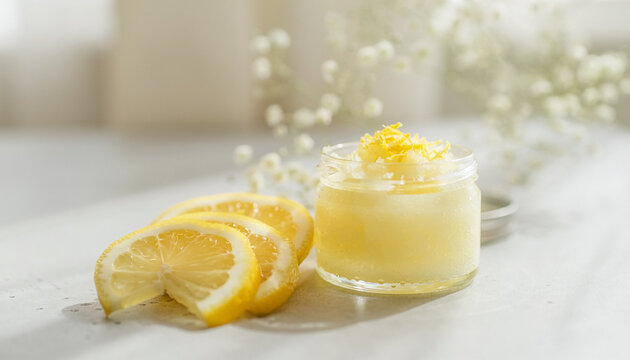 Lemon sugar scrub in a jar with lemon slices