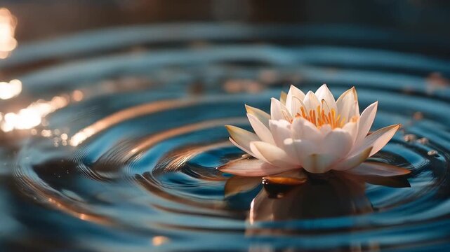 White water lily blooms in a pond surrounded by rippling water near sunset in a natural setting