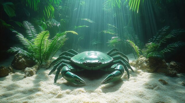 A green crab is sitting on the sand in a shallow body of water. The crab is surrounded by green plants and rocks. The scene is peaceful and serene, with the crab looking out into the water