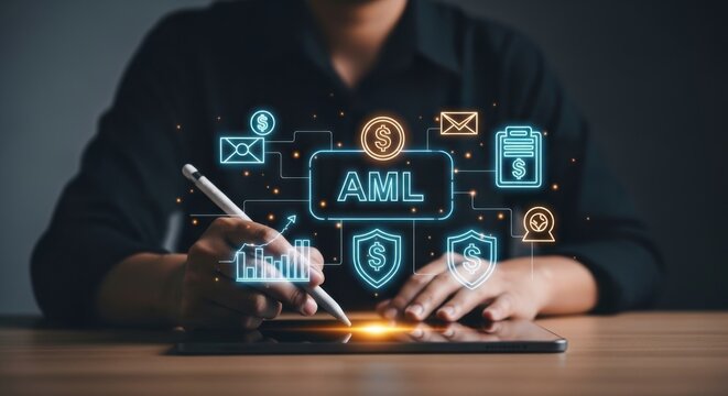 Professional analyzing anti-money laundering compliance using digital tools and strategies