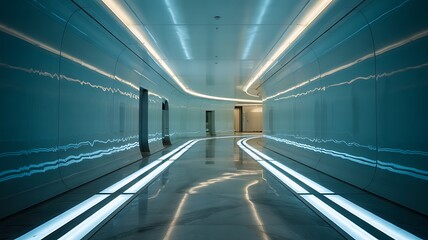 Obraz premium Winding Futuristic Hallway with Blue and White Glowing Lights, Modern Architectural Interior