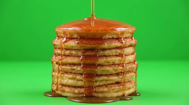 Syrup pouring onto stack of pancakes, delicious breakfast motion footage