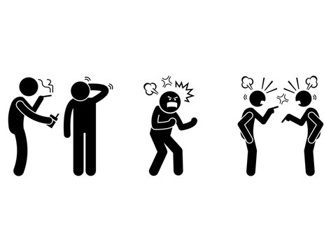 Stick figures illustrating various negative human interactions and emotions like smoking, distress, anger, and argument.