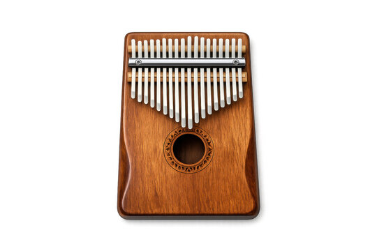 Wooden kalimba thumb piano with metal tines and intricate soundhole carving