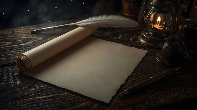 Blank parchment scroll on a wooden desk with a quill and lantern. Vintage atmosphere.
