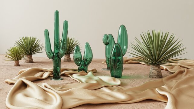 Stylized desert landscape with glass cacti and flowing fabric.