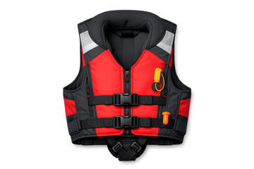 Red and black life vest with reflective strips and safety whistle, isolated on black background