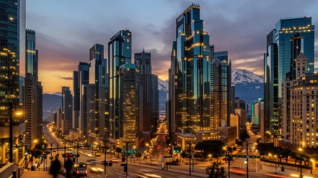 A cityscape at sunset with tall buildings and a mountain range in the background