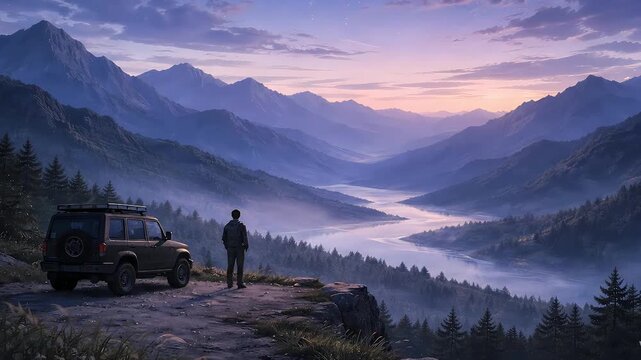 Relaxing lofi aesthetic seamless loop animation of a traveler and off-road SUV overlooking a peaceful misty mountain valley and river at sunrise.