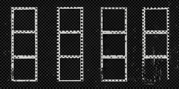 Four strips of photographic film negatives against a dark background