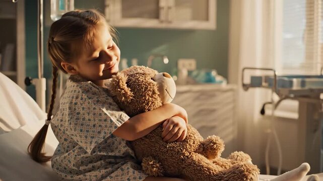 sick little caucasian girl hugging teddy bear on hospital bed. sad child patient holding plush toy seeking comfort. pediatric clinic ward interior. medical treatment, healthcare, recovery.