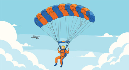 Skydiver with Parachute Floating in Sky with Airplane in Background Illustration © Nayem
