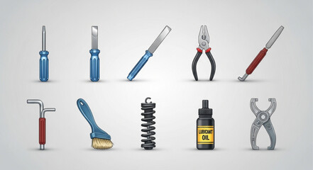 Obraz premium Collection of various tools arranged on a light gray surface, ready for use and maintenance.