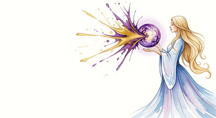 Fototapeta premium Magical protection of the planet by a beautiful fantasy woman gently holding a glowing purple earth orb with vibrant energy splashes and copy space. Watercolor fantasy illustration.