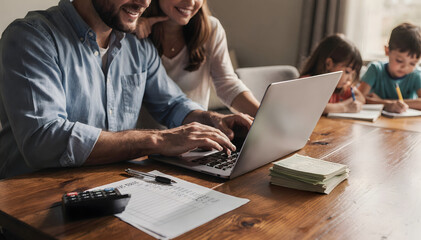 Obraz premium Happy Family Budget together, Parents utilize laptop for finance management while children study diligently, showcasing modern household organization and diligent work