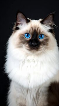 Majestic Birman cat with striking blue eyes and fluffy white ruff, studio portrait